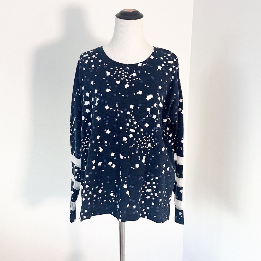 LISA TODD Womens L Navy Long Sleeve Tee Crew Stars Nancy Meyers Casual Patriotic